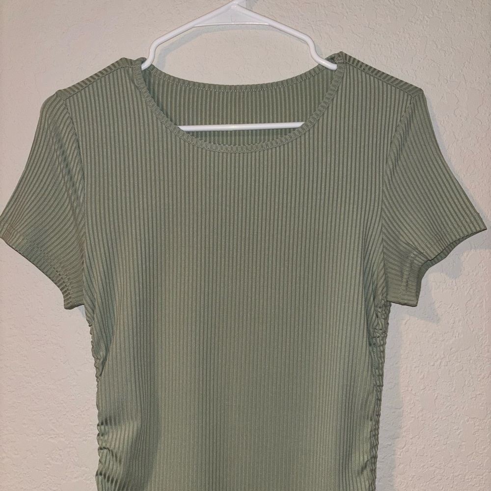 Olive Green Ribbed Ruched Bodycon Mini Dress - Picture 3 of 4
